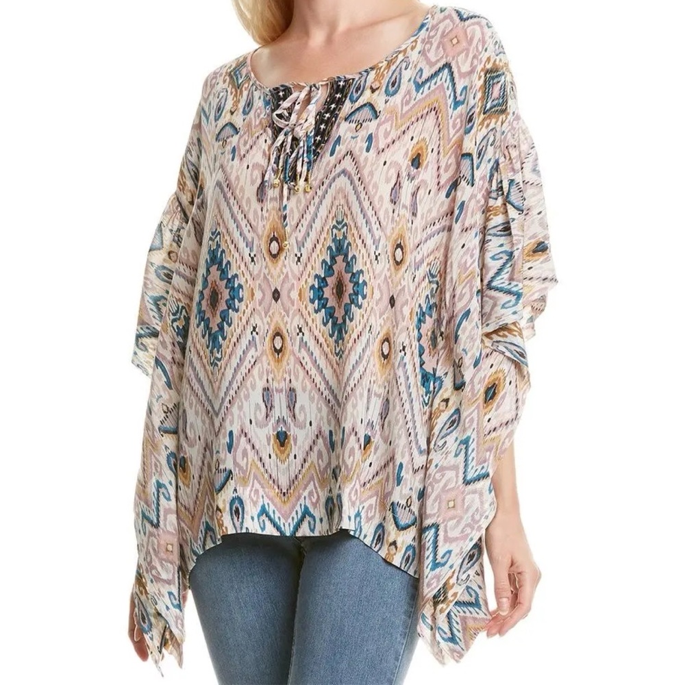 Johnny Was Jade Haya Poncho Silk Blouse Top size Medium Boho Southwest Print
